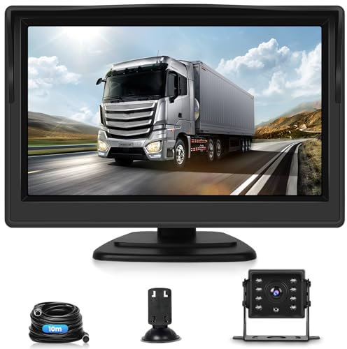 Cámara de Marcha Atrás Kit, 5 Pulgadas IPS Monitor, Camara Trasera HD 720P, IP68 Impermeable, Visión Nocturna con Cable de 10m para Camiones/Remolques/Autobuses/Furgonetas/Autocaravanas/Caravanas