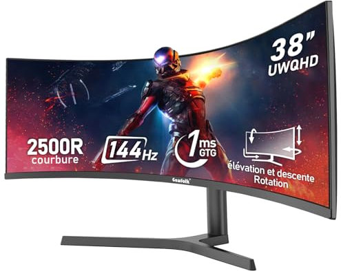 Gawfolk Écran PC Ultra Large 38 Pouces 2500R incurvé 144Hz Gaming Computer Moniteur 21:9 UWQHD (3840x1600) ,1ms,10bit,FreeSync,Display Port、HDMI,Fonction de levage,Compatible avec Mural 100*100 -Noir