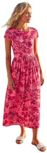 Roman Midi Dress with Pockets for Women UK Ladies Stretchy Jersey Maxi Long Short Sleeve Elasticated Gathered High Waist Boho Flattering Skater Swing Fit Flare - Pink Red - Size 14