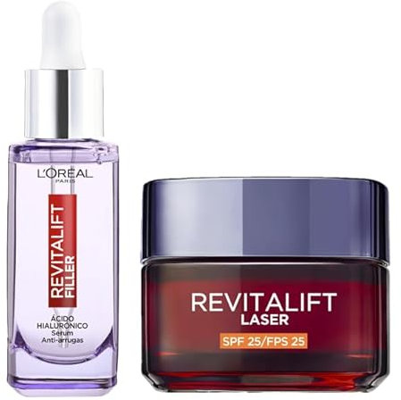 Rutina L'Oréal Paris Revitalift Filler Sérum Antiarrugas, Ácido Hialurónico Puro, Péptidos, 30 ml + Revitalift Láser Crema de Día Antiarrugas Triple Acción SPF25, 50 ml. Inspirado en cosmética coreana
