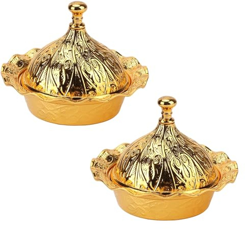 Hapivida Plato de Caramelo Dorado, Cuenco de Azucarero Recubierto Vintage con Tapa Cuenco de Azúcar de Latón Bandeja para Servir Frutas Plato Caramelo Decorativo con Relieve Floral para Boda (2Pcs)