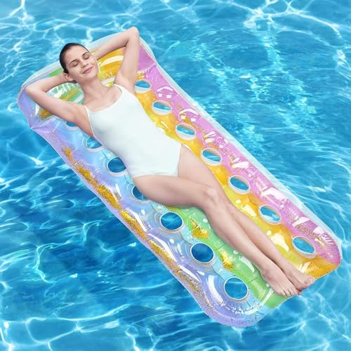 SelfTek Luftmatratze Pool Erwachsene - Regenbogen Schwimmmatratze mit Kopfstütze & Wasserablauf, UV-Beständig PVC Tanning Pool Luftmatratze Wasser für Sonnenbaden Strand Urlaub (Regenbogen)