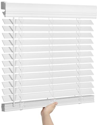 SEEYE 2 Inch Faux Wood Blinds for Indoor Windows with Crown Valance, Cordless Room Darkening Window Blind, 22 W x 60 H, Horizontal Wooden Shades for Bedroom, Kitchen, Office, Doors, White