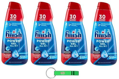 4 X Finish Powergel Fresh Detersivo Liquido per Lavastoviglie Multifunzione Effetto Sgrassante 30 Lavaggio 600ml + Portachiavi Beni Culinari Gratis