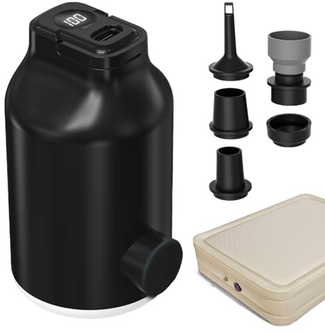 Portable Air Pump for Inflatables - Portable Electric Inflator 5 Nozzles with Inflator for Sleeping Bags, Camping, Tent, Travel, Swimming Pool and Boat