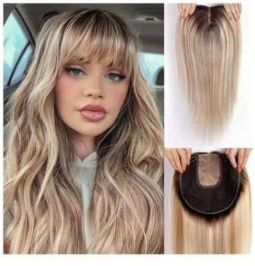 9×9 Echthaar-Topper mit Pony 16 Zoll for Frauen, Remy-Echthaar mit mehreren rutschfesten Clips und großflächiger Basis, 150 Dichte Fügt Haarvolumen hinzu(Ombre Brown Blonde)