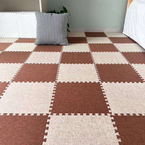 Xiyocadt 12 Stück Puzzleteppich, 30x30 cm Puzzle Teppich Matte, Leinen-Baumwolle Anti-Rutsch Schaumstoff-Bodenmatten für Schlafzimmer, Wohnzimmer (Aprikose + Kaffee)