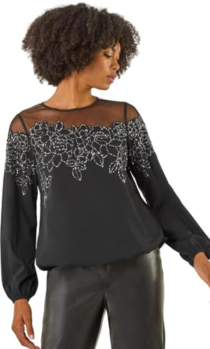 Roman Sequin Floral Sheer Top for Women UK Ladies Autumn Everyday Winter Holiday Round Neckline Comfy Long Sleeve Soft Embellished Detail Shirt Dinner Party Blouses