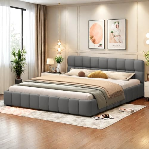 LieABak Bubble Bett 160x200cm mit Lattenrost, Polsterbett Doppelbett mit Weiches Kopfteil, Jugendbett mit Rückenlehne, Gepolstertes Bett für Schlafzimmer und Gästezimmer, Leinen (Grau, 160x200cm)