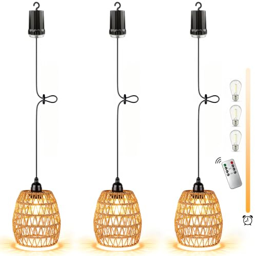 3 x Pendant Light Battery Operated Chandelier with Remote Control Timer, Dimmable Hanging Ceiling Lights Indoor Outdoor, IP44 Portable Rattan Boho Lamp with LED Bulb for Porch Backyard Balcony Patio