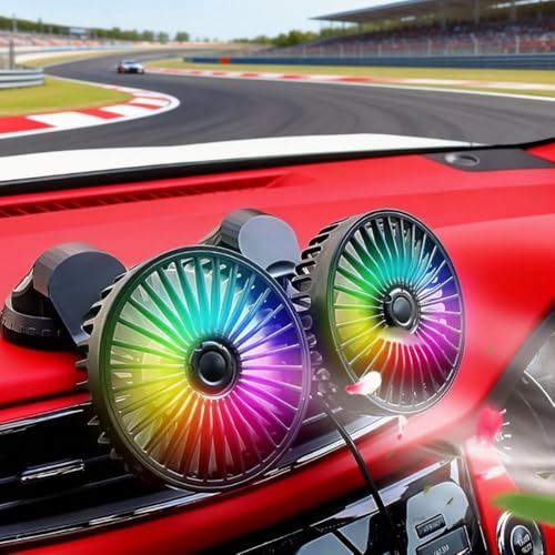 Nzkeuf Double Head Car Fan, 7 Color Lights USB Car Fans, 360 Degree Rotation Dual Head Car Fans With 3 Speed Strong Wind for Car Dashboard Office Home Campervan