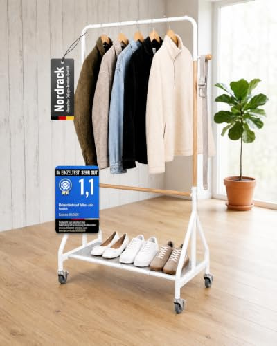 Nordrack® ASKA Premium Kleiderständer auf Rollen Stabil Schwerlast bis 120 kg Clothing Rack Garderobenständer Holz Metall Kleiderstange mit Schuhablage Rollbarer Kleiderständer Weiß Birkenholz