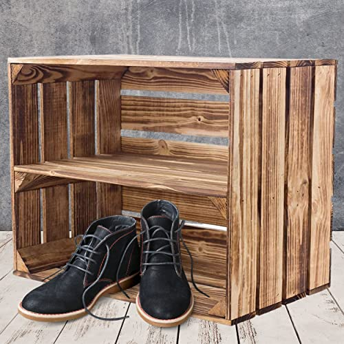 6er Set geflammte Kiste für Schuhregal und Bücherregal - Obstkiste flambiert / flammbiert mit Brett für Schuhe und Bücher - neue Holzkiste für Deko und als Regal aus Holz - sehr stabil 50x40x30cm