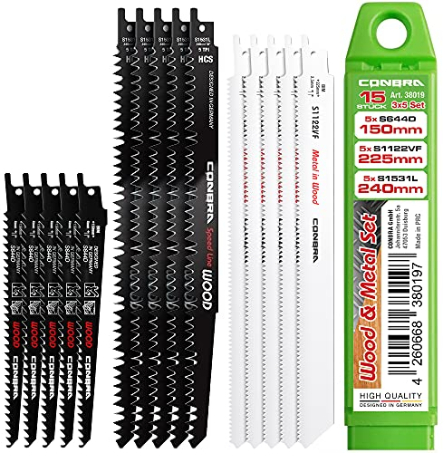 CONBRA® Sägeblätter Säbelsäge Holz 15-teiliges Set - Säbelsägeblätter Holz mit Nägeln - Sägeblatt Säbelsäge kompatibel mit Bosch GSA 18V, GSA 18 V-LI C, Bosch Keo, 1100 E