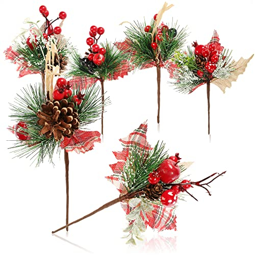 com-four® 6X Deko-Zweig, dekorative Blumenzweige zum Aufhängen, Dekozweige als Bastelbedarf, verschönert Geschenke und Potpourris (6 Stück - rot kariert)