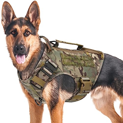Taktisches Hundegeschirr für mittelgroße und große Hunde, kein Ziehen, verstellbare Hundeweste für Training, Jagd, Spazierengehen, Militär-Hundegeschirr mit Griff, Tarnung,M, (nur Weste)
