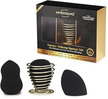 ImpressionZ Premium Makeup Sponge Set – 3 Pcs Blending Sponges with 1 Holder, Multi-Shape Cosmetic Applicators for Foundation, Liquid, Cream, and Powder – Vegan & Cruelty-Free, Smooth Application