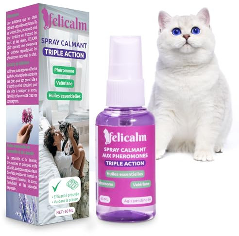 FELICALM Paris/Spray CALMANT à la VALERIANE/Anti Stress/pour Chat et Chaton/PHYTOTHERAPIE : HUILES ESSENTIELLES: VALERIANE+Camomille+ Lavande+PHEROMONE féline.