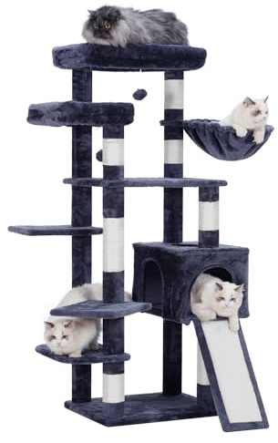Hey-brother Kratzbaum, Stabil 159 cm Katzenbaum mit 2 Große Plattform, Großer Kratzbrett, Korb und Haus, Rauchgrau EMPJ029G