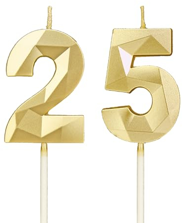 Geburtstagskerzen Zahlen 25，3D Gold Kerzen Geburtstag für Kuchen geburtstagsdeko, Geburtstag Kerzen Zahlen, Geburtstagskerzen Kinder für Partys, Hochzeiten, Firmenfeiern, Jubiläen (Gold, 25)