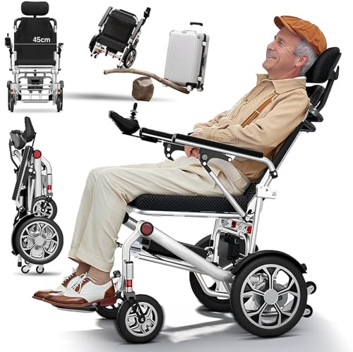 Bueuwe Leichter Elektrorollstuhl faltbar 15,9 kg mit 35 km Reichweite 20Ah | 150 kg Tragkraft mit abnehmbarer Kopfstütze | Für Senioren und Erwachsene, ideal für Reisen | Outdoor und den Alltag
