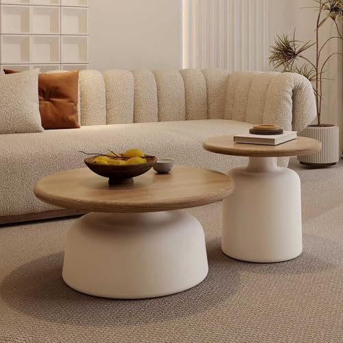 BAYTEWJX Round Coffee Table Set of 2,Modern Center Table,Wooden Coffee Table for Living Room,with Small Side Table,Low Round Coffee Table,Easy to Assemble,for Living Room Bedroom Home Office.