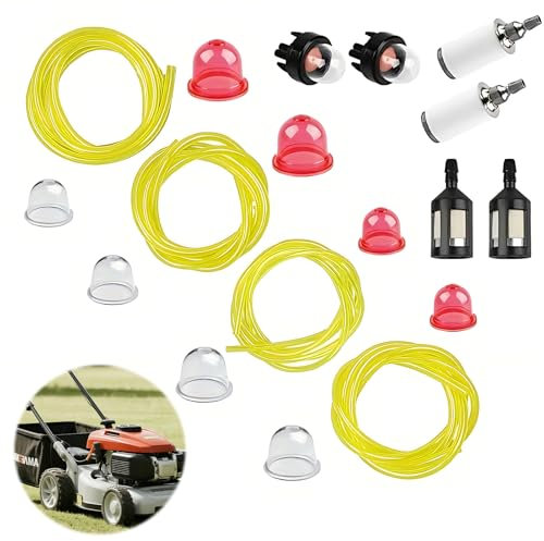 Benzinschlauch Set Universal mit Kraftstofffiltern, Primerbirnen und Dichtungen für Kettensägen, Rasenmäher, Heckenscheren und Hochentaster – Komplettes Wartungsset für Kleingeräteg