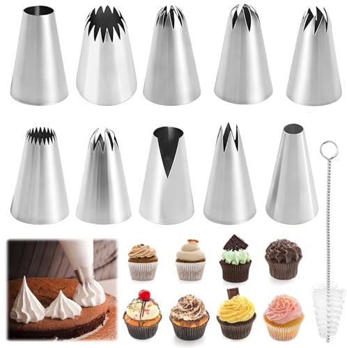 10er Profi Spritztüllen Groß Wiederverwendbar Set, Tüllen für Spritzbeutel Groß Edelstahl Spritztüllen für Kuchen Torten Muffins Keksen Dekoration