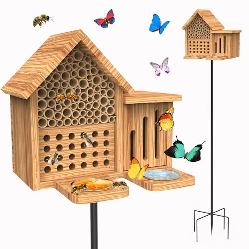 Mason Bee House Wooden Butterfly House with Feeders and Metal Stake, Insect Hotel for Garden Backyard, Natural Handmade Waterproof Bugs House, Attracts Bee, Butterfly, Ladybirds Pollinators