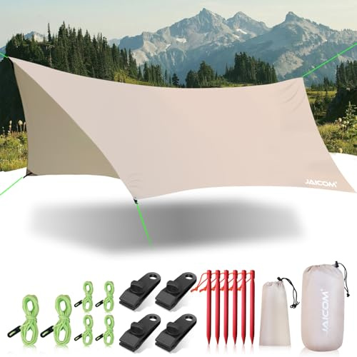 JAICOM Tarp Wasserdicht, 3.6x2.9m Ultraleicht Camping Zeltplane, Anti-UV | Sonnen Regen Schutz Schnee, Sonnensegel mit Öse, Nylonseile, Aluminiumstifte, Zelt Clips, für Hängematte Picknick Wandern