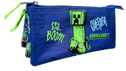 Estuche Escolar Minecraft Boom Creeper Triple – Interior Forrado y Cierre de Cremallera – Portatodo con 3 Compartimientos - 10 X 23 X 4CM