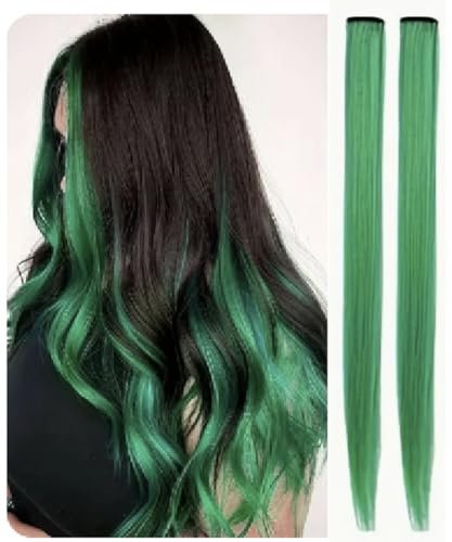 2 x Clip-In Hair Extension Highlights Streaks, Colourful Hair Highlights (Dark Green)
