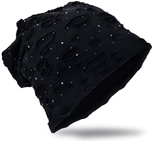 Miobo Slouch Beanie Mütze,Einheitgröße,Destroyed Vintage Look DestNieten-Schwarz