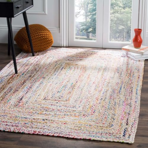 SAFAVIEH Zeitgenössische Teppich für Wohnzimmer, Esszimmer, Schlafzimmer - Umkehrbar - Braided Collection, Kurzer Flor, Elfenbein und Mehrfarbig, 122 X 183 cm