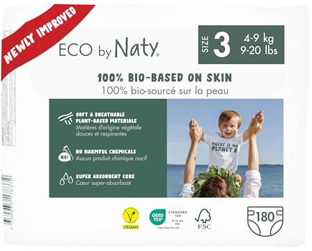Eco by Naty Baby Öko Windeln - umweltfreundliche Premium-Bio Windeln aus pflanzenbasierten Materialien, ideal für empfindliche Babyhaut (Größe 3 - 180 Stück) - MONATSBOX
