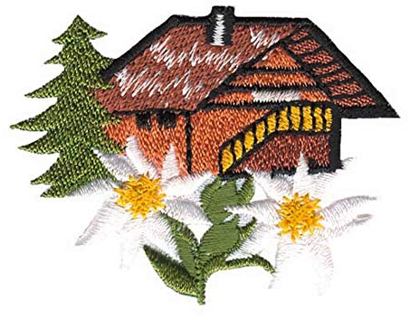 Kleiber Bügelbild Applikation zum Aufbügeln Trachten Oktoberfest Almhütte mit Edelweiß 6,2 cm x 4,6 cm