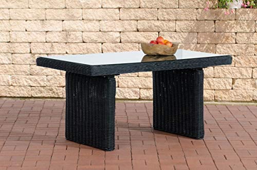 CLP Polyrattan Garten Esstisch FISOLO ca. 79 x 138 cm I Höhe: 67 cm I Glasplatte 5 mm Sicherheitsglas I 5mm Rattandicke, Farbe:schwarz