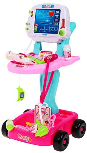 BSD Doktorspielset, Arzt Spielset für Kinder, Medizinische Spielzeug Set, Doktor Trolley, Arztwagen mit Mediznisches Werkzeuge und Zubehör - 17 Teilig