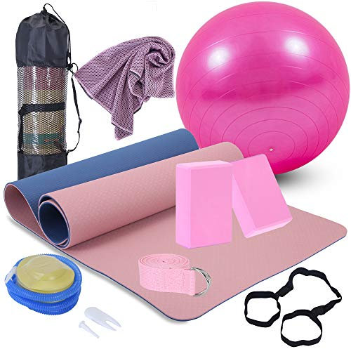 Yoga-Anfänger-Set, Yoga-Blöcke, 2 Stück, Yoga-Gurt, Yogamatte mit Tragegurt, Netztasche, Kühlhandtuch, Yogamatten-Sets und Sets für Anfänger, 11-teiliges Yoga-Starter-Set für Damen (Rosa)