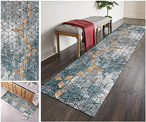 Filjr ZVEZVI Teppich Läufer Flur Küche rutschfest Waschbar Blau und Grau Geometrische Muster 50x80cm Bunter Modern rutschfest Waschbar Vintage Kücheläufer Teppichläufer Polyester Meterware Anpassbar