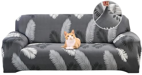 Jaotto Sofabezug 4 Sitzer Elastischer Stretch Spandex Sofa Überwürfe Sofahusse Antirutsch Waschbar Sofaschoner Couchbezug für Sofa mit Armlehne,Graue Feder