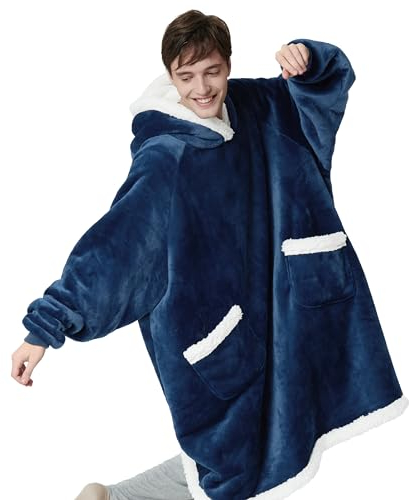 BEDSURE Hoodie Decke mit Ärmeln und Kapuze - Kuscheldecke mit Ärmeln Sherpa Kuschelpullover Damen als Geschenke für Frauen, Blau, 110x90cm