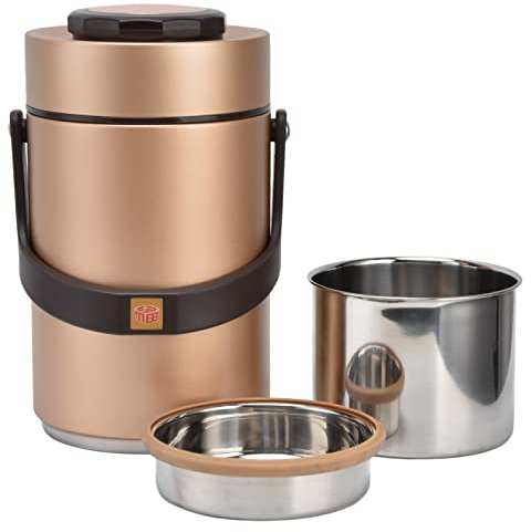 Tarro de Comida Bento Box al Vacío de 2300ml, Termo de Almuerzo Aislado al Vacío de Acero Inoxidable 304 de 3 Niveles, Contenedor de Almuerzo para Adultos para Comida Fría o Caliente(Oro)