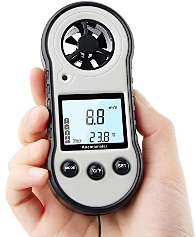 Digitaler Windmesser, LEERCHUANG Anemometer mit LCD Hintergrundbeleuchtung, Windmesser & Luftstrom Geschwindigkeitsmessung mit Thermometer, Windmesswerkzeug zum Segeln/Surfen/Angeln