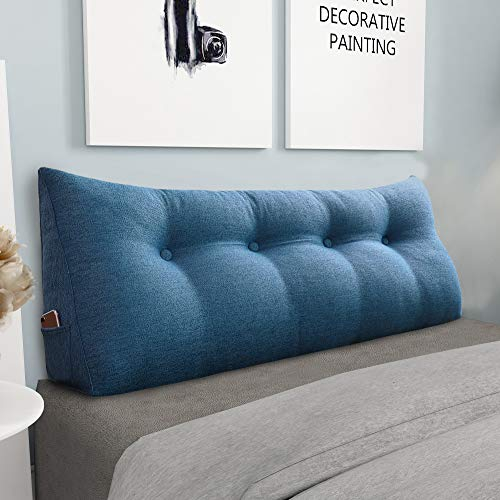 VERCART Rückenkissen Bett Rückenlehne Keilkissen Kopfteil Gepolstert Lesekissen Wandkissen Lendenkissen für Couch, Groß Sofakissen Kopfkissen, Stützkissen, Nackenkissen Leinen Bezug Blau 140cm
