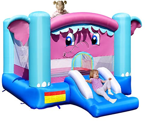 GYMAX Kids Bouncy Castle with Slide and Basketball Hoop, Inflatable Jumping House for Outdoor Indoor (Elephant, 352 x 255 x 194 cm)