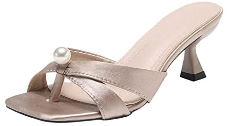 Women’s Pearl Open Toe Mule Heeled Slides Flip Flop Kitten Heel Backless Pump Sandals for Womens Rose Gold 6
