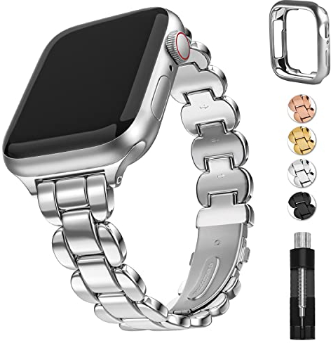Fullmosa Correa Apple Watch Metal para Apple Watch Series 8/7/SE/SE2/6/5/4/3/2/1,Correas de Apple Watch 38mm 40mm 41mm con TPU Case, Apple Watch Band Mujer de Moda con Encaje Cordón,Plata