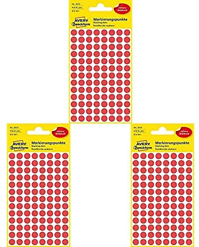 AVERY Zweckform 3010 selbstklebende Markierungspunkte 416 Stück (Ø 8mm, Klebepunkte auf 4 Bogen, Punktaufkleber zur Farbcodierung, runde Aufkleber für Kalender, Planer und zum Basteln) rot, 3er Pack