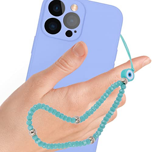 iPhone 13 Pro Max Hülle mit Handykette | Handyanhänger mit verschiedenen Designs und Perlen | Moderne Handyketten und Handyhüllen mit Eyecatcher Effekt (Case Blueberry, Chain Azur Nazar)